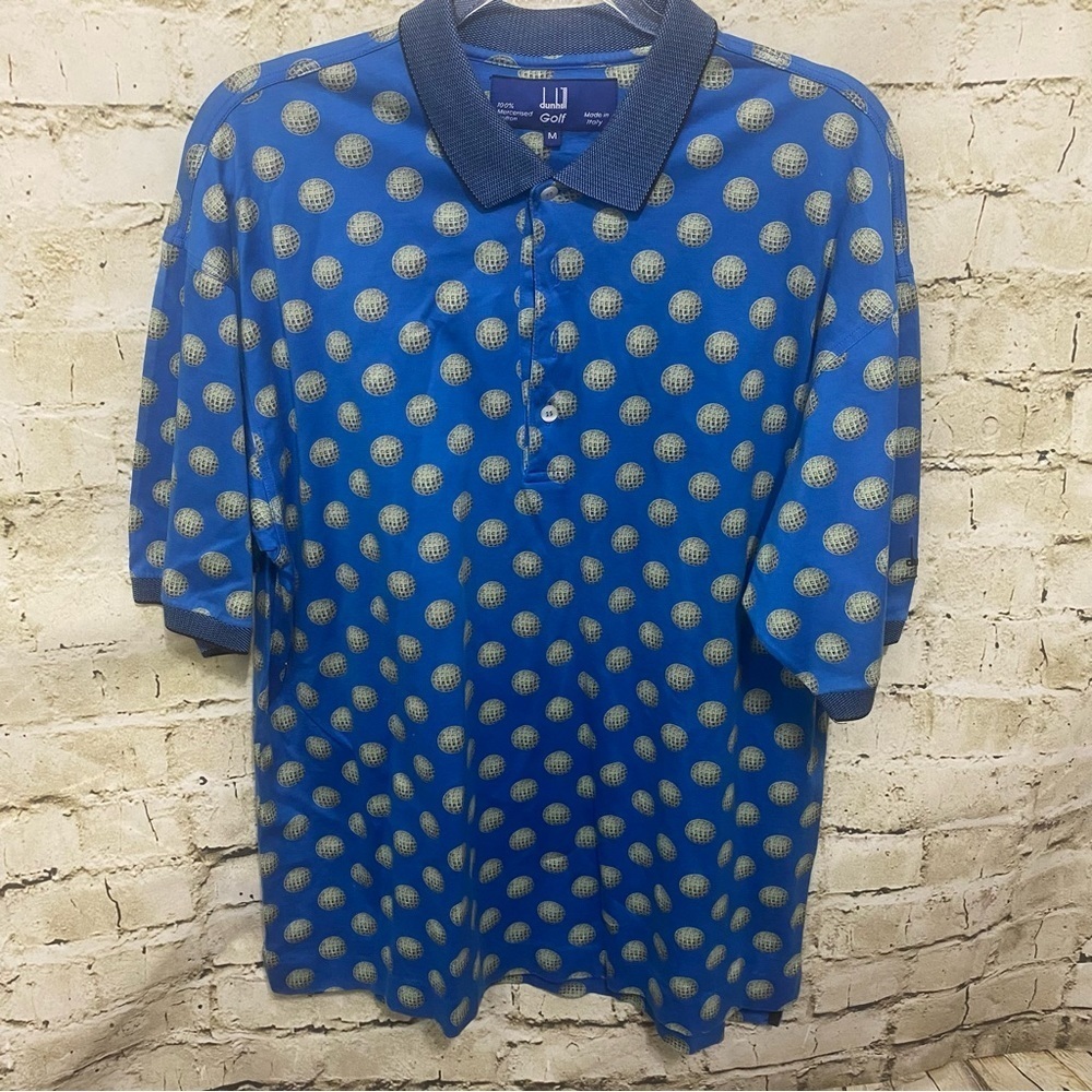 Vintage Dunhill Golf Blue Golf Ball Print Made In Italy Polo Shirt